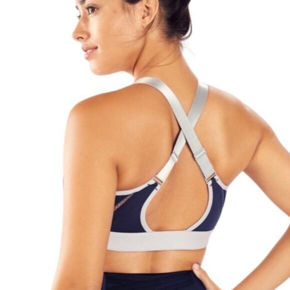 Fabletics Zoe High Impact Zip Front Cross Back Strap Sports Bra Blue/Grey - Picture 4 of 12